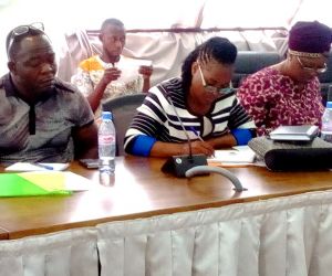 ms izatta nagbe of lgsa and ms gmasonah aboah taking notes during the land rights act messaging workshop held in monrovia